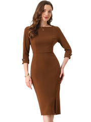 Work Boat Neck 3/4 Sleeves Midi Split Sheath Dress