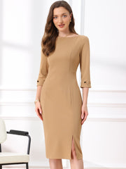 Work Boat Neck 3/4 Sleeves Midi Split Sheath Dress