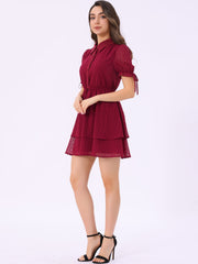 Peter Pan Collar Floral Drawstring Chiffon Layered Dress