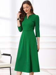 Notch Neck Pocketed 3/4 Sleeve Solid A-Line Work Dress