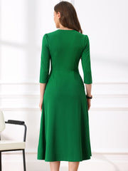 Notch Neck Pocketed 3/4 Sleeve Solid A-Line Work Dress