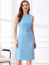 V Neck Sleeveless Belted A-Line Midi Work Dress