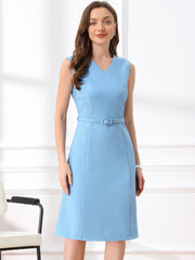 V Neck Sleeveless Belted A-Line Midi Work Dress