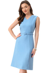 V Neck Sleeveless Belted A-Line Midi Work Dress
