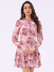 Floral V Neck Semi Sheer Layered Tiered Mini Dress