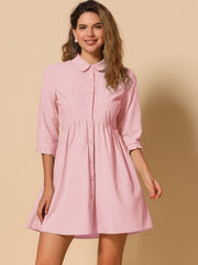 Ruched 3/4 Sleeve Button Up Casual Mini Shirt Dress