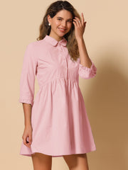 Ruched 3/4 Sleeve Button Up Casual Mini Shirt Dress