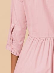 Ruched 3/4 Sleeve Button Up Casual Mini Shirt Dress