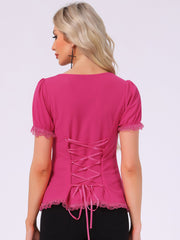 Sweetheart Neck Puff Short Sleeve Lace Up Gothic Blouse
