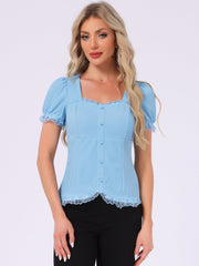 Sweetheart Neck Puff Short Sleeve Lace Up Gothic Blouse