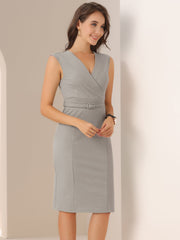Solid Color V Neck Sleeveless Belted Business Office Midi Sheath Dress