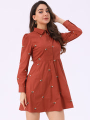 Casual Long Sleeve Half Placket Embroidered Floral Mini Shirt Dress