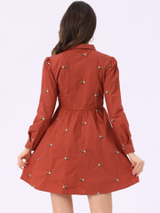 Casual Long Sleeve Half Placket Embroidered Floral Mini Shirt Dress