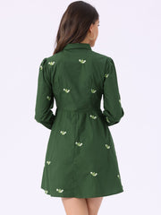 Casual Long Sleeve Half Placket Embroidered Floral Mini Shirt Dress