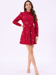 Casual Long Sleeve Half Placket Embroidered Floral Mini Shirt Dress