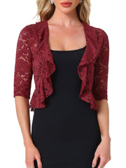 Lace Sheer 3/4 Sleeve Ruffle Hem Open Front Bolero Shrug