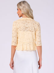 Lace Sheer 3/4 Sleeve Ruffle Hem Open Front Bolero Shrug