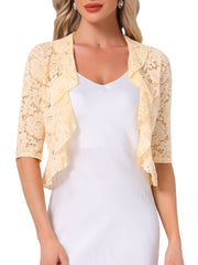 Lace Sheer 3/4 Sleeve Ruffle Hem Open Front Bolero Shrug