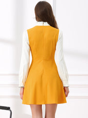 Patchwork Contrast Color Long Sleeve Tie Neck Mini Dress