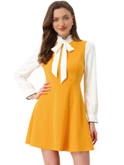 Patchwork Contrast Color Long Sleeve Tie Neck Mini Dress