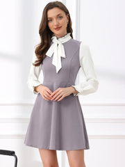 Patchwork Contrast Color Long Sleeve Tie Neck Mini Dress