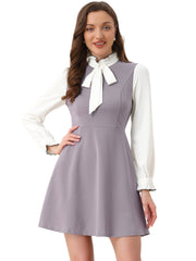 Patchwork Contrast Color Long Sleeve Tie Neck Mini Dress