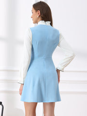 Patchwork Contrast Color Long Sleeve Tie Neck Mini Dress