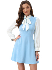 Patchwork Contrast Color Long Sleeve Tie Neck Mini Dress
