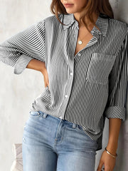 Classic Vertical Stripes Long Sleeves Buttoned Down Office Blouse