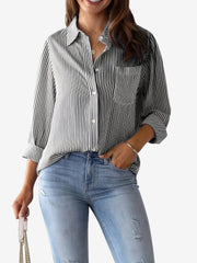 Classic Vertical Stripes Long Sleeves Buttoned Down Office Blouse