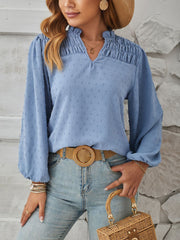 Vintage-Chic Swiss Dots Smocked Puff Long Sleeves Office Blouse