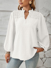 Vintage-Chic Swiss Dots Smocked Puff Long Sleeves Office Blouse