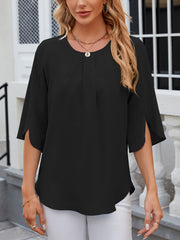 Lightweight Flowy Solid Color Round Neck 3/4 Sleeve Chiffon Blouse