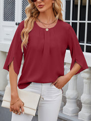 Lightweight Flowy Solid Color Round Neck 3/4 Sleeve Chiffon Blouse