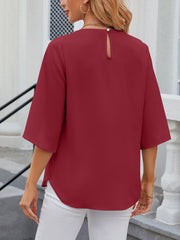Lightweight Flowy Solid Color Round Neck 3/4 Sleeve Chiffon Blouse