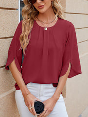 Lightweight Flowy Solid Color Round Neck 3/4 Sleeve Chiffon Blouse