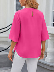 Lightweight Flowy Solid Color Round Neck 3/4 Sleeve Chiffon Blouse