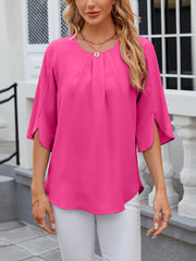 Lightweight Flowy Solid Color Round Neck 3/4 Sleeve Chiffon Blouse