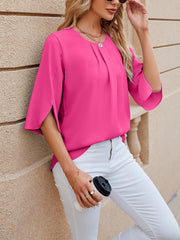 Lightweight Flowy Solid Color Round Neck 3/4 Sleeve Chiffon Blouse