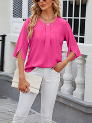 Lightweight Flowy Solid Color Round Neck 3/4 Sleeve Chiffon Blouse