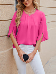 Lightweight Flowy Solid Color Round Neck 3/4 Sleeve Chiffon Blouse