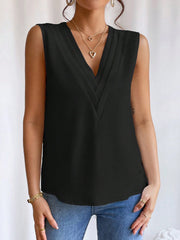 Elegant A-Line Silhouette Pleated V Neck Sleeveless Solid Color Top