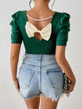 Ruched Puff Short Sleeve Back Bow Colorblock Blouse