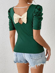 Ruched Puff Short Sleeve Back Bow Colorblock Blouse