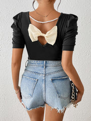 Ruched Puff Short Sleeve Back Bow Colorblock Blouse