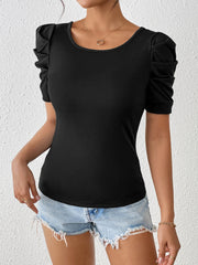 Ruched Puff Short Sleeve Back Bow Colorblock Blouse