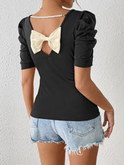 Ruched Puff Short Sleeve Back Bow Colorblock Blouse