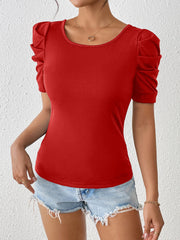 Ruched Puff Short Sleeve Back Bow Colorblock Blouse