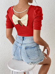 Ruched Puff Short Sleeve Back Bow Colorblock Blouse