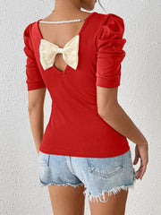 Ruched Puff Short Sleeve Back Bow Colorblock Blouse